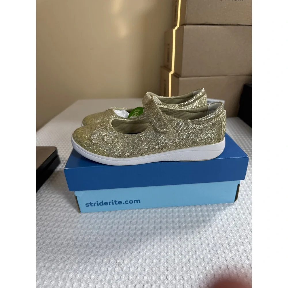 Stride Rite Mary Jane Kids 2M Holly Champagne Gold Glitter Flower NIB